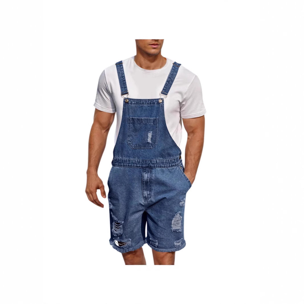 Herre denim-latzshorts i avslappet design med påsydd lommer Skjora