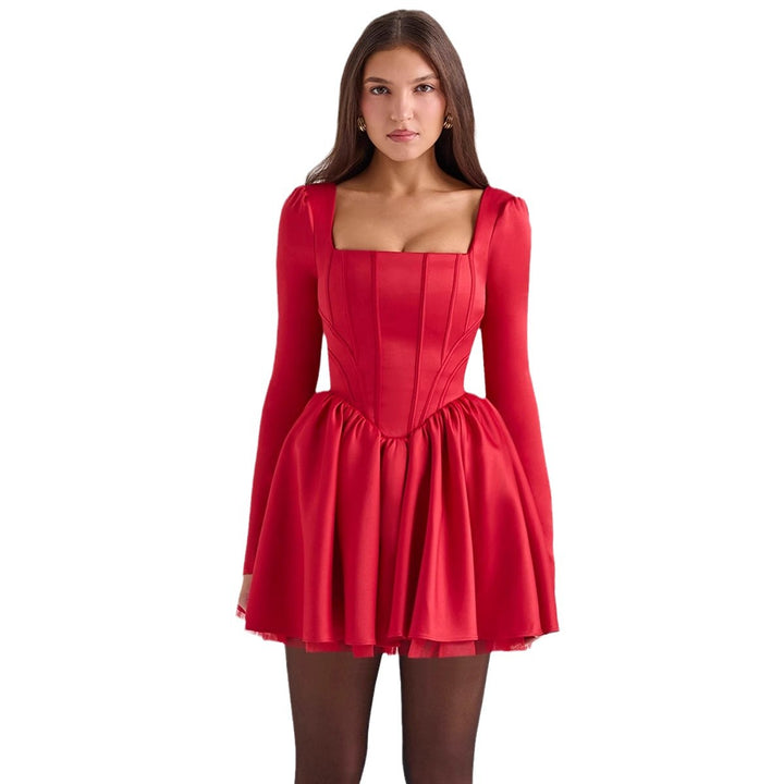Women's Floor-Length Cocktail Dress with Square Neckline and Voluminous Skirt