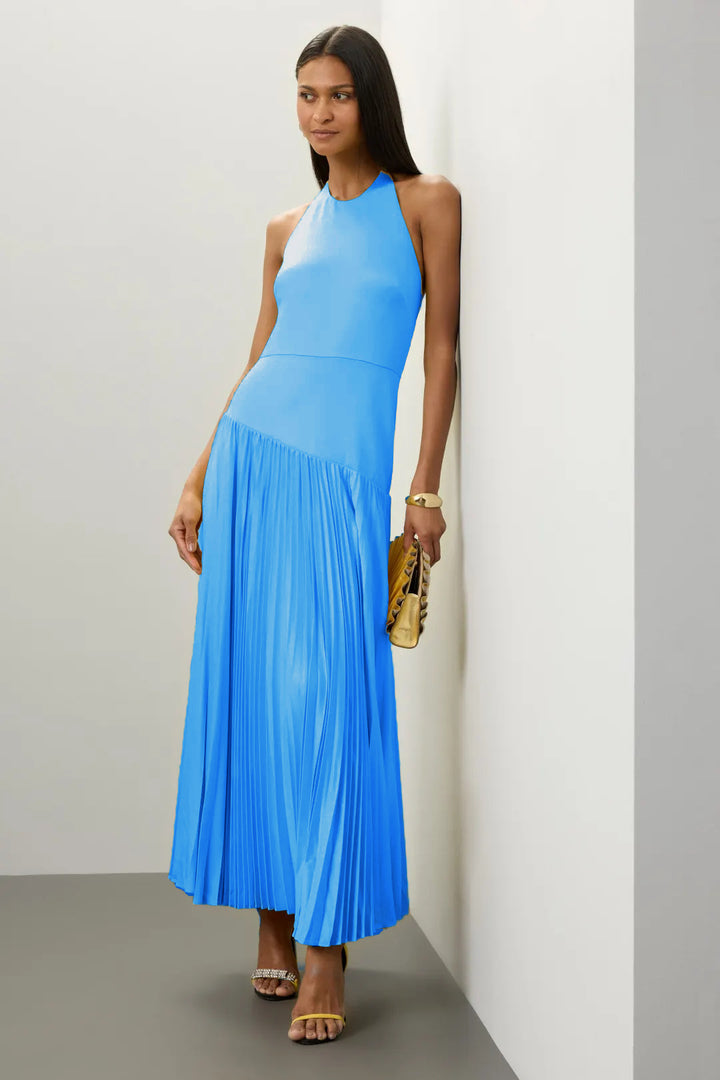 Dames Elegant Maxi Kjole med Flytende Plisserte Skjørt og Halter Hals Design