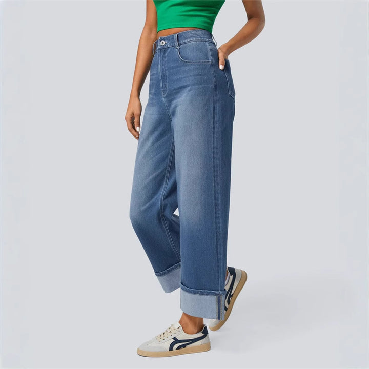 Kvinne brede jeans med høy midje og oppbrettet kant