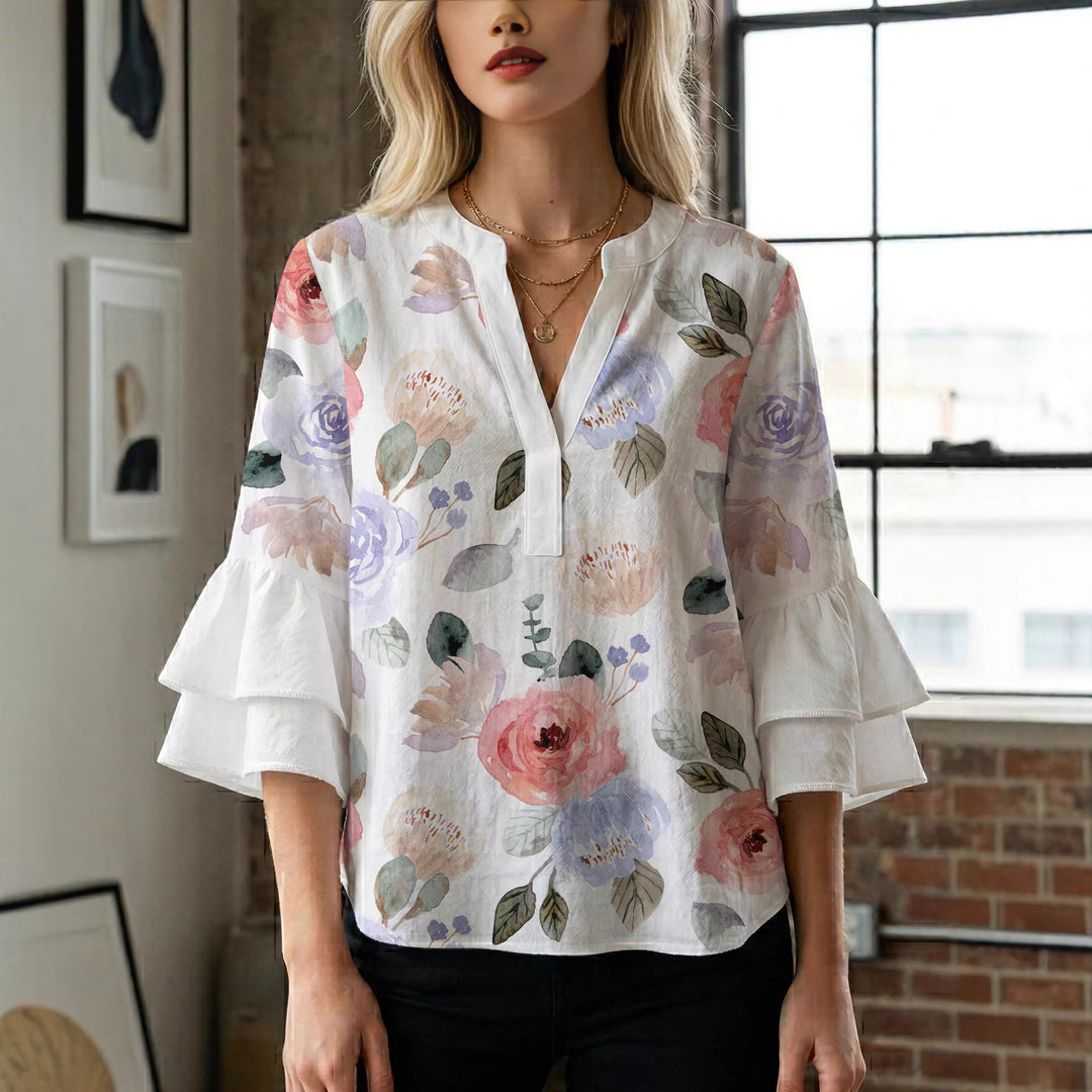 Damer Elegant topp med voluminøse rynkete ermer og blomstertrykk Skjora
