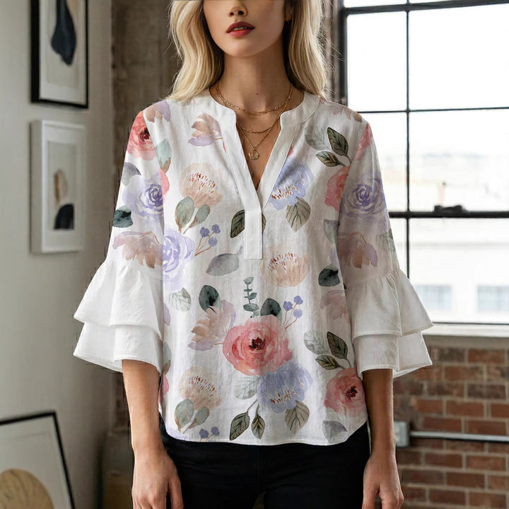 Damer Elegant topp med voluminøse rynkete ermer og blomstertrykk Skjora