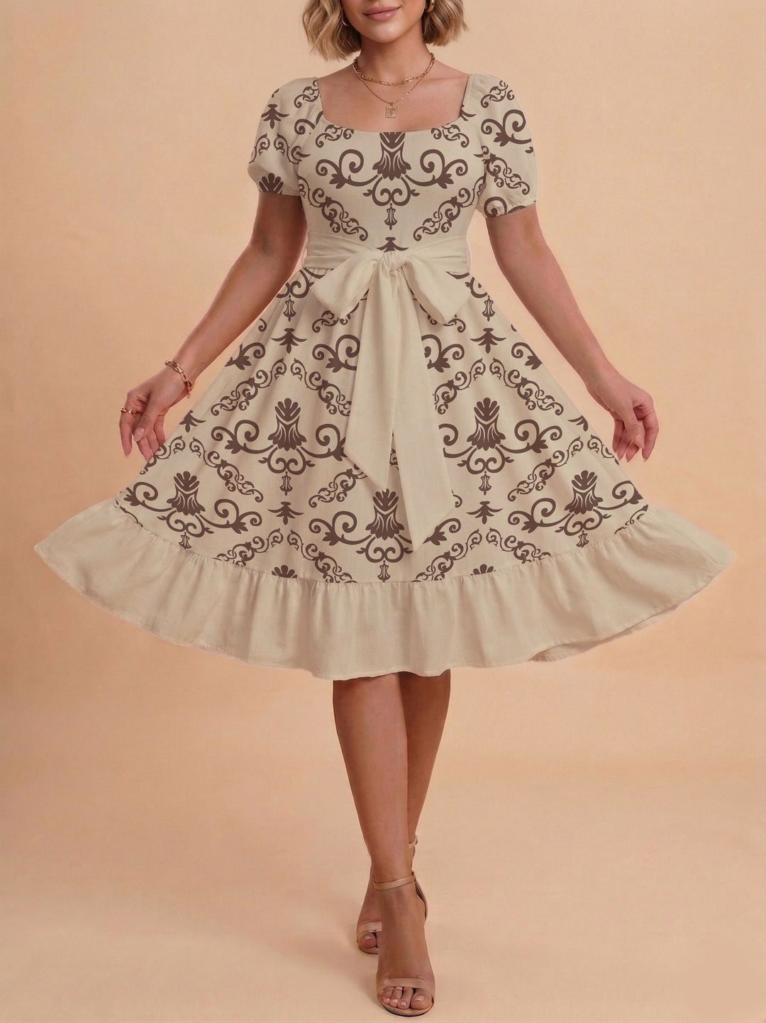 Damen Midikleid mit verspieltem Druck und tailliertem Schnitt Skjora