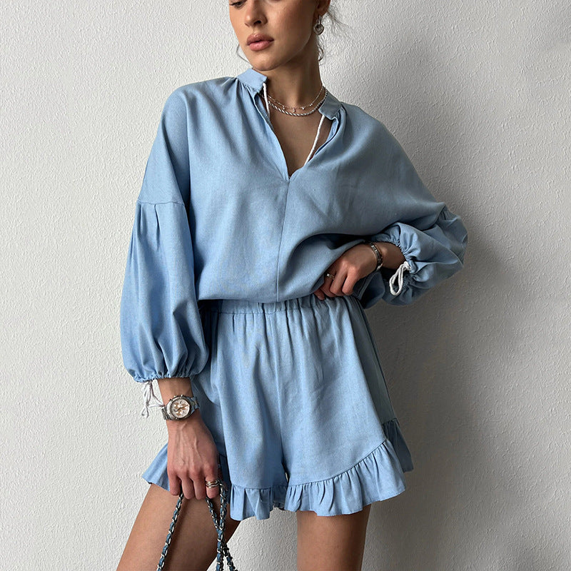 Kvinner Elegant og Casual Korte Ermer Sett med Volang Detaljer Heidi Mote
