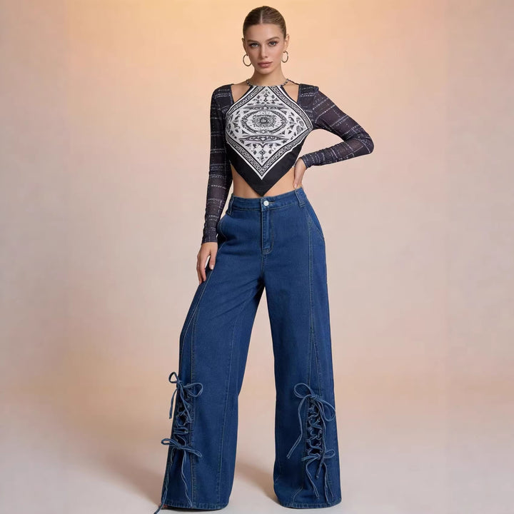 Dame Schlagjeans med trendy snøringdetalj og vid bein Skjora