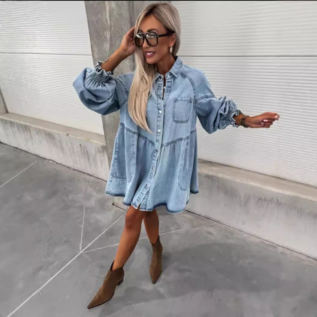 Kvinnenes denim skjortekjole med voluminøse ermer Skjora