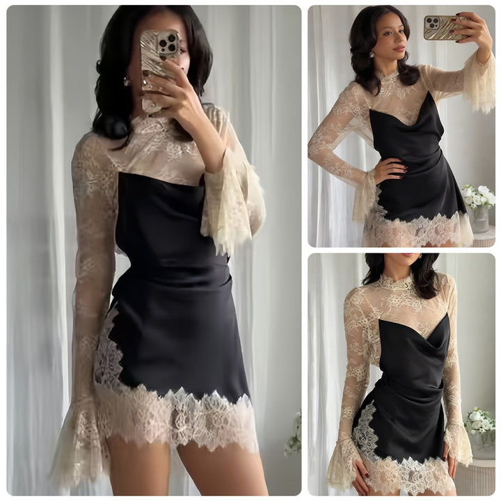 Kjole i chiffon til kvinner med elegante blonderdetaljer og svevende ermer