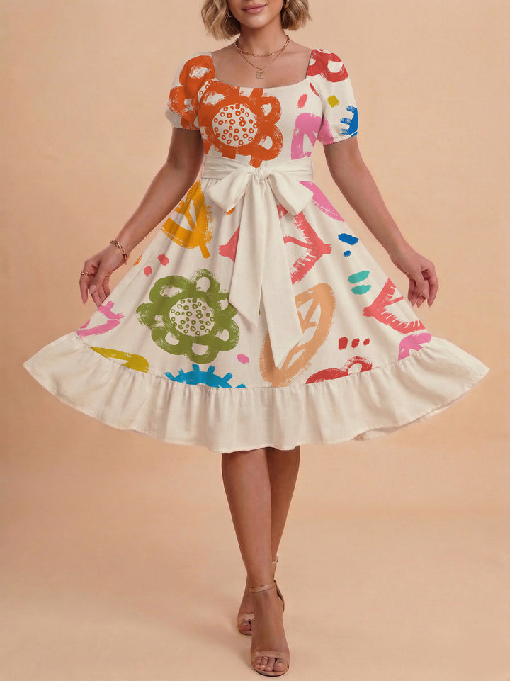 Damen Sommerkleid mit floralem Puffärmel und taillierbarem Gürtel Skjora