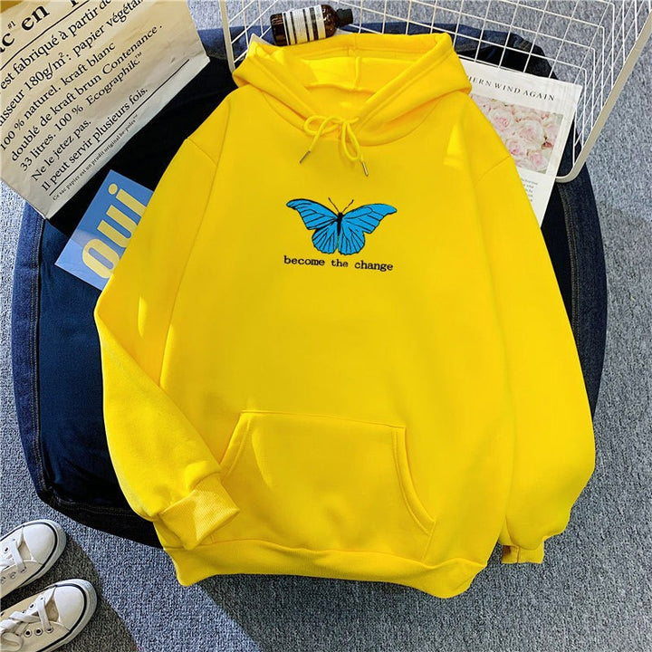 Dame hoodie med kort snitt og unikt sommerfuglmotiv Skjora