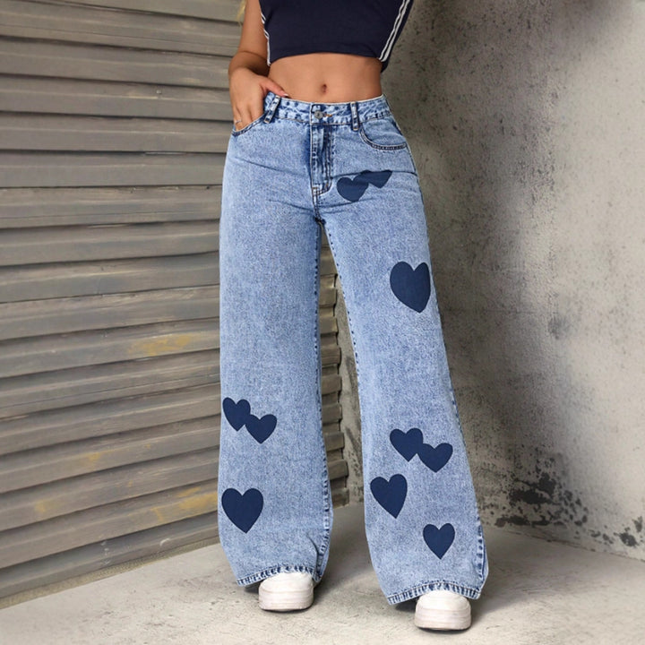 Kvinnelige brede jeans med hjerteapplikasjoner Skjora