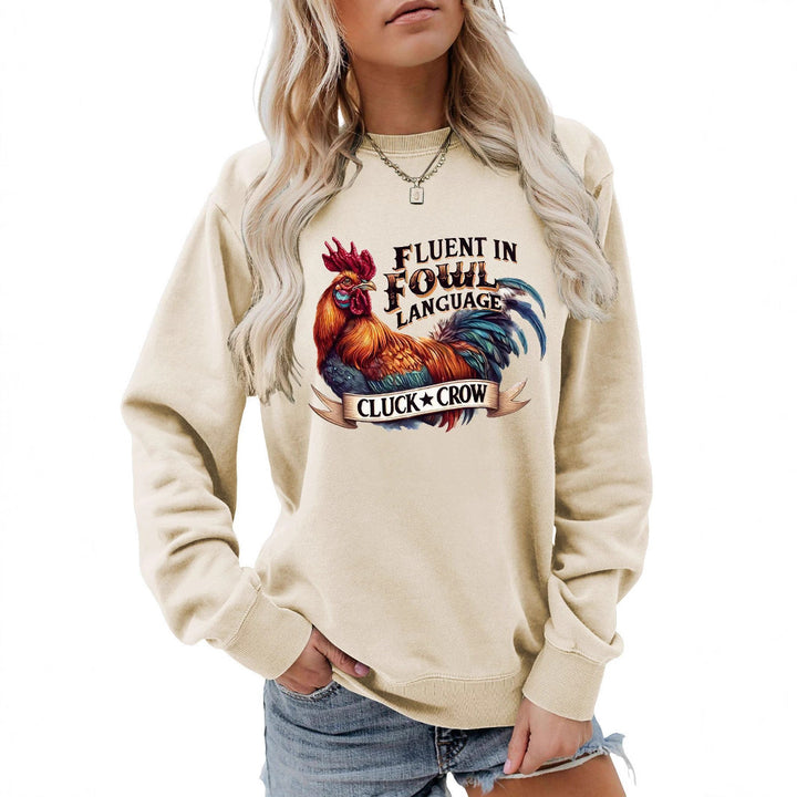 Dame sweatshirt med humoristisk kyllingmotiv og behagelig passform Skjora