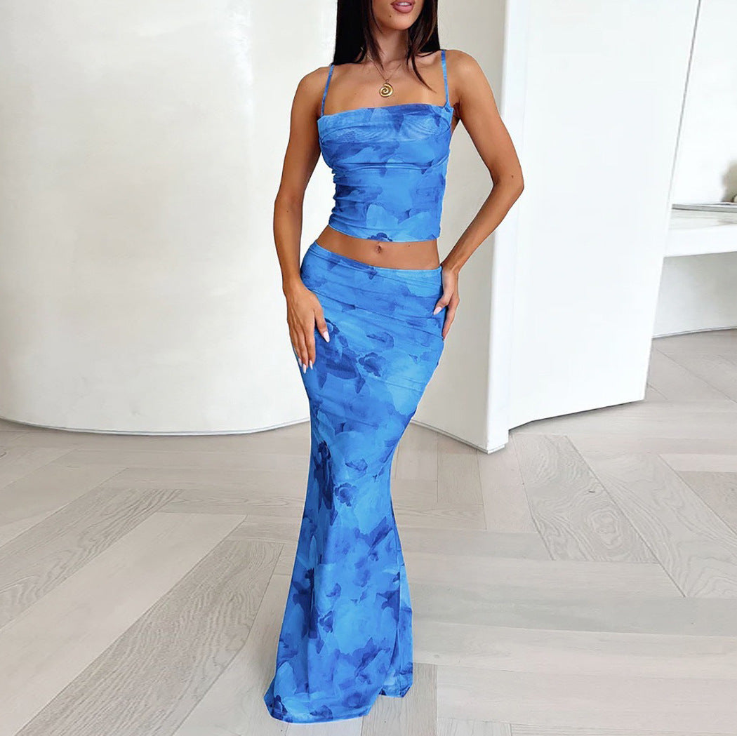Dame Elegant cropped topp og svingende maxi-bukse sett Skjora