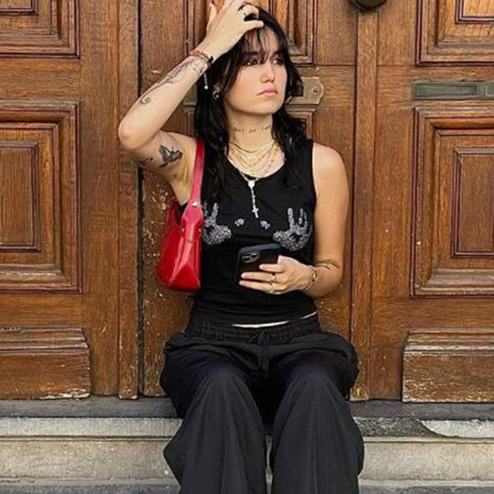 Women's Cropped Tank Top with Glitter Hand Motif Skjora
