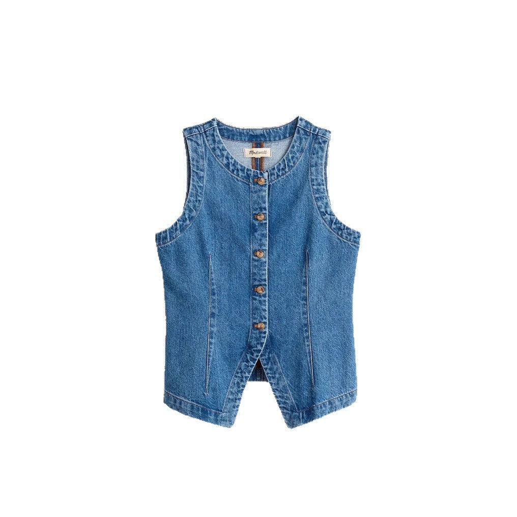 Dame jeans vest med asymmetrisk snitt og dekorative knapper Skjora