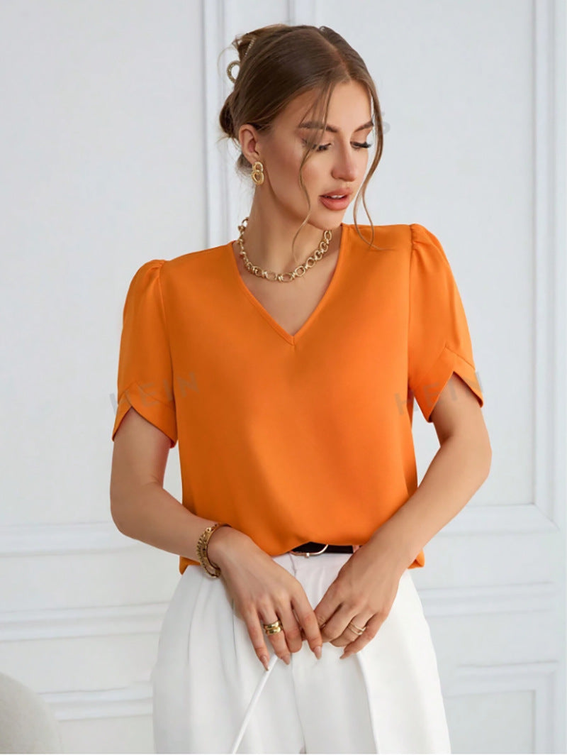 Damer V-halsbluse med puffermede