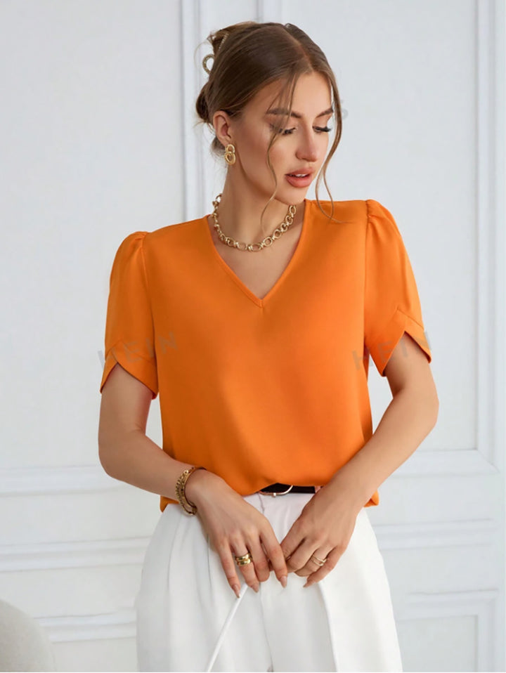 Damer V-halsbluse med puffermede