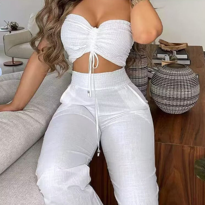Dame To-delt Outfit laget av lett materiale med justerbar Crop-top og høy midje bukse Skjora