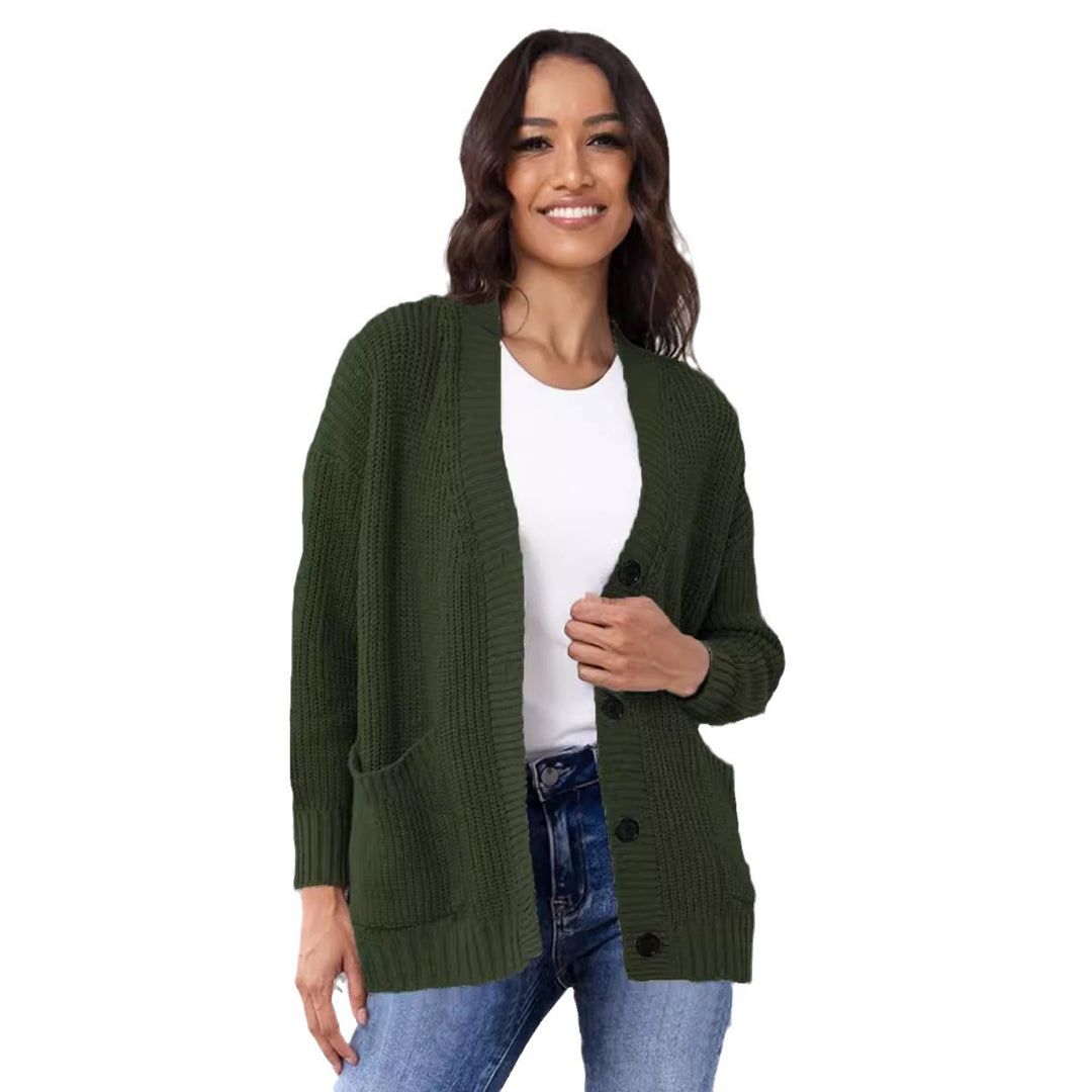 Dame chunky strikk cardigan med store lommer og klassisk V-hals Skjora