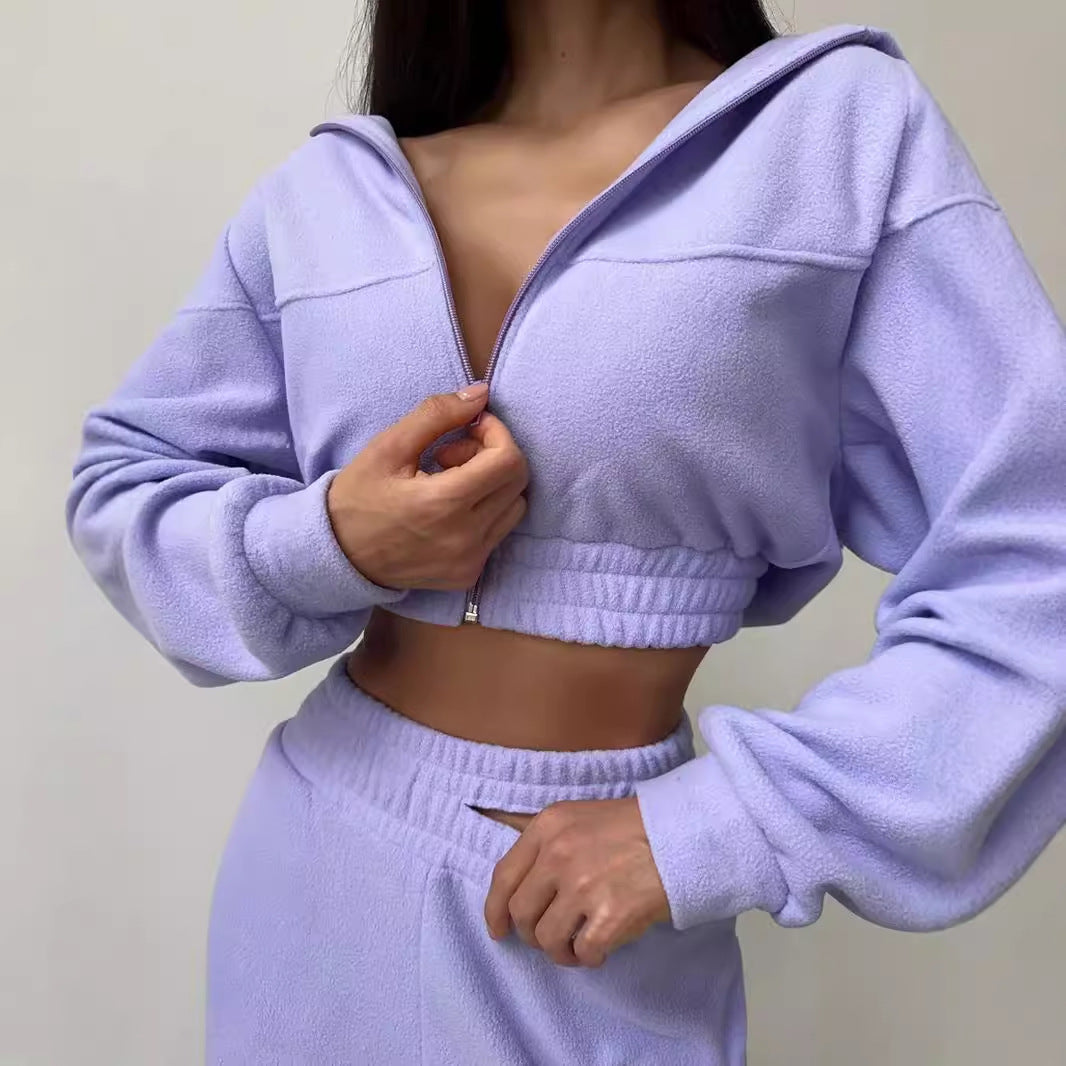 Dame fleece treningsdress med cropped jakke og løse bukser Skjora