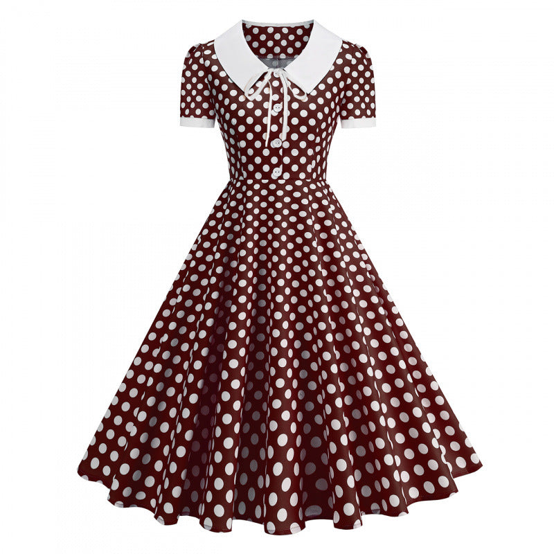 Dame Retro Maxikjole med Krage og Dots Skjora