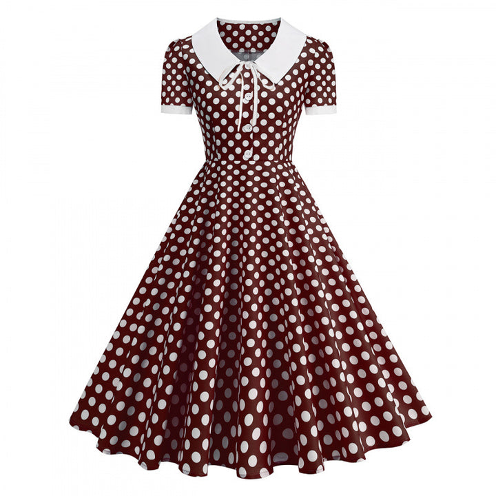 Dame Retro Maxikjole med Krage og Dots Skjora