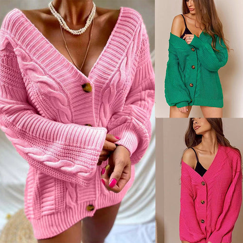 Dame cardigan med dyp V-hals og store knapper Skjora