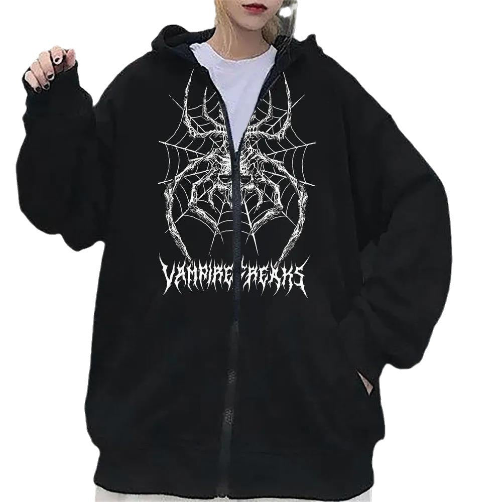 Kvinne Langermet Hoodie Jakke med Detaljert Edderkoppmotiv Skjora