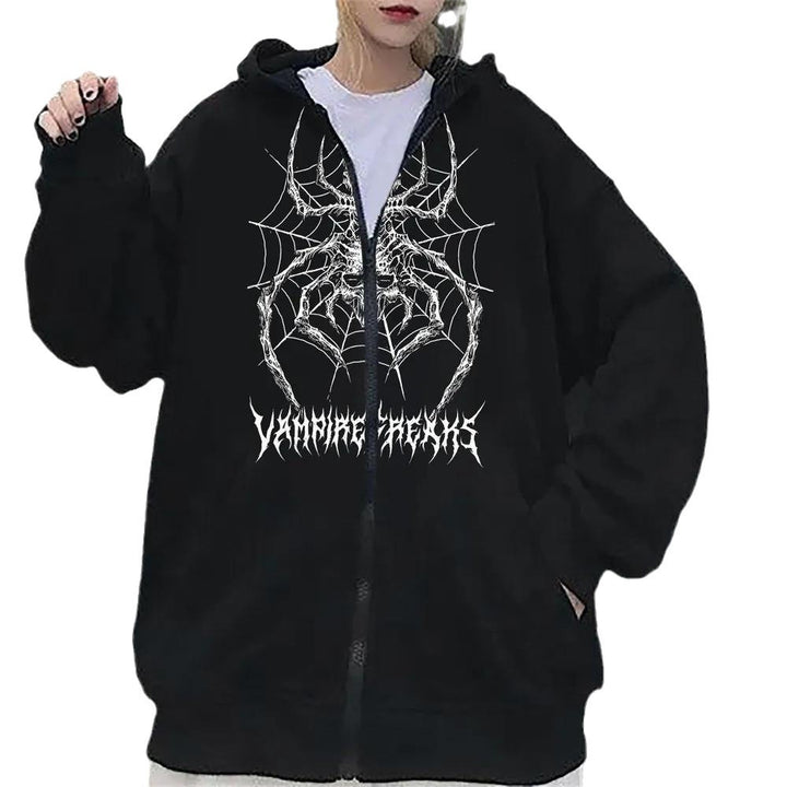Kvinne Langermet Hoodie Jakke med Detaljert Edderkoppmotiv Skjora