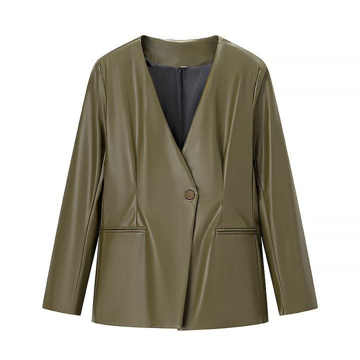 Dame Elegant Fusk Skinn Blazer Jakke med Moderne Snitt og Lommer Skjora