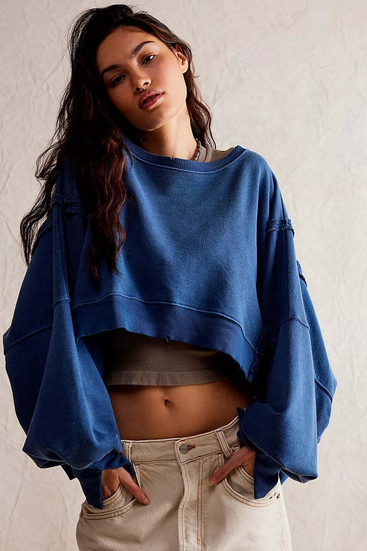 Damer casual avkortet sweatshirt med brede ermer og forseggjorte hemfinsher Skjora