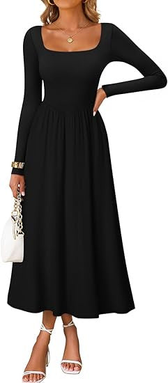 Women's elegant midi dress with square neckline and long sleeves Skjora