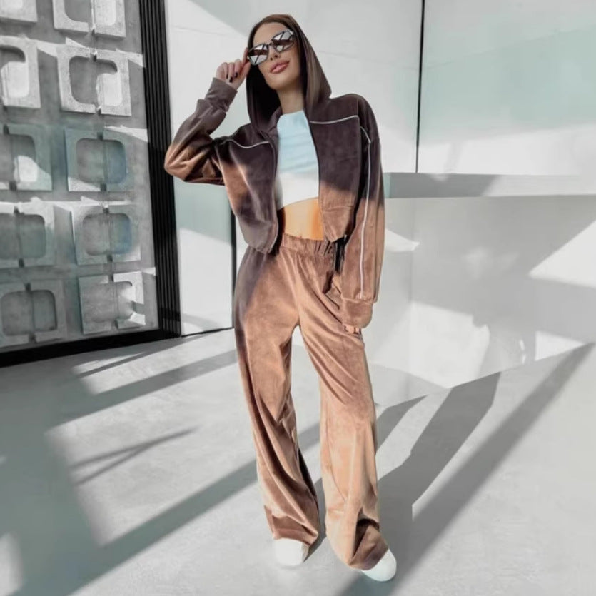 Kvinners sporty velour loungewear-set med kort hettegenser og vide ben Skjora