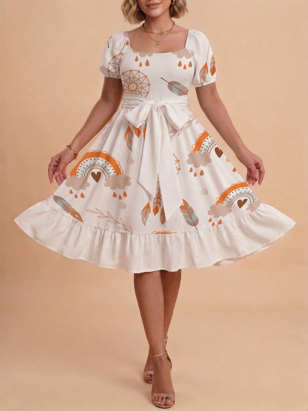 Damen Verspieltes Maxikleid mit Bärenmuster und taillierbarem Band Skjora