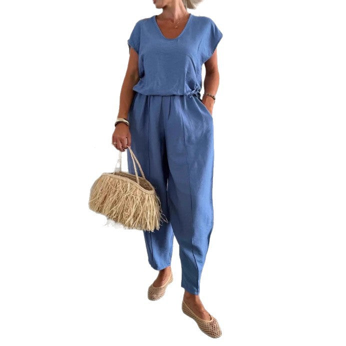 Dame Casual Jumpsuit med Elastisk Midjebånd og Lommer Skjora