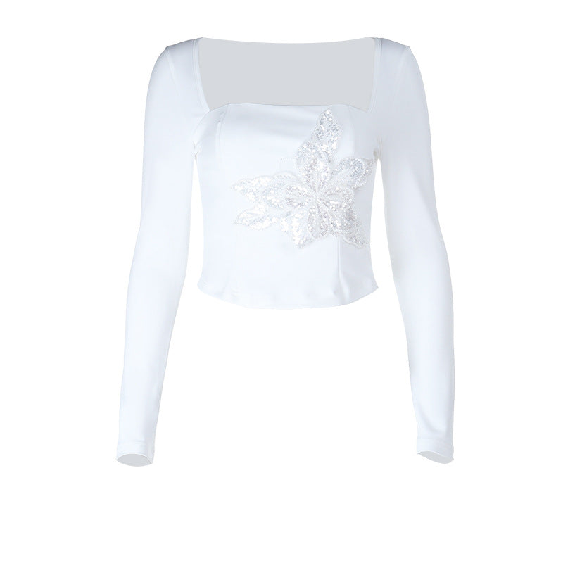 Kvinnes Elegant Langermet Top med Blomsterbetaljett Skjora