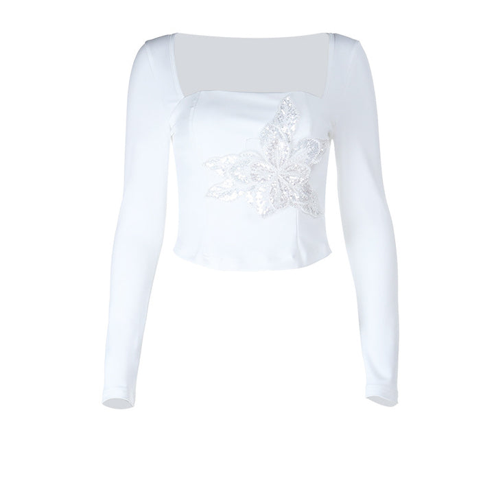 Kvinnes Elegant Langermet Top med Blomsterbetaljett Skjora