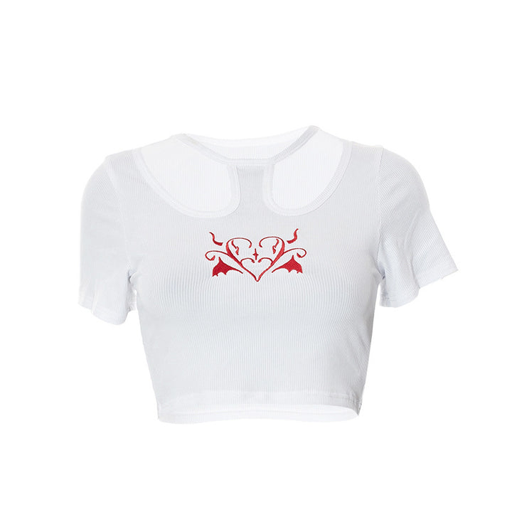 Dame Crop-Top med kreativ cut-out og brodert hjerte-design Skjora