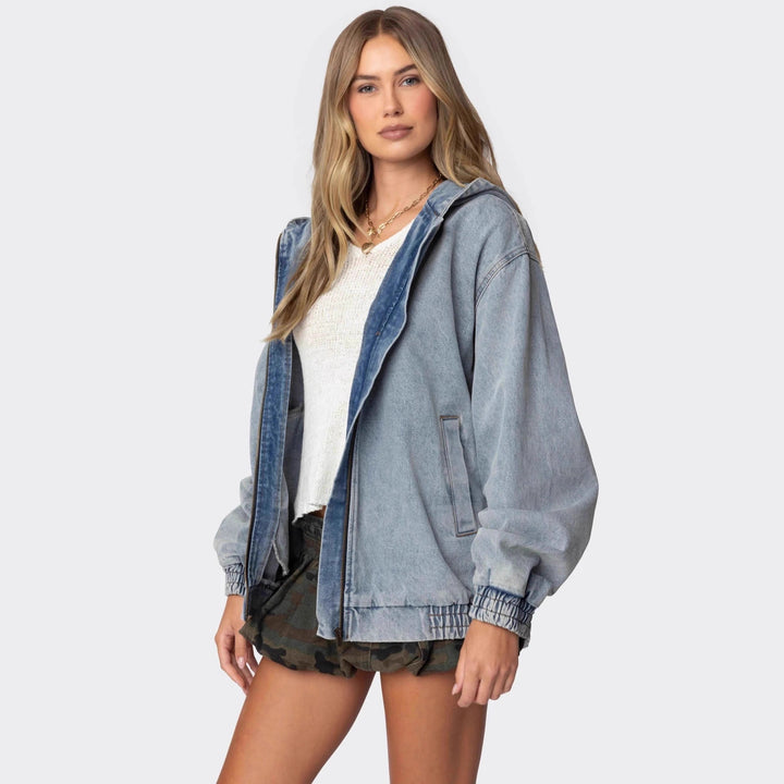Dame Oversized Denimjakke med hette og elastiske mansjetter Skjora