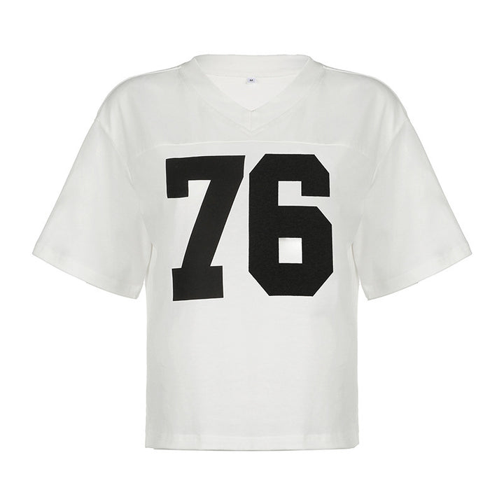 Dame Sporty V-hals T-skjorte med trendy trykk Skjora