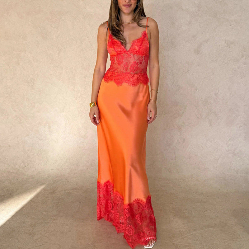 Damen Elegant nattkjole med transparent spissen innsetting og justerbare stropper Skjora
