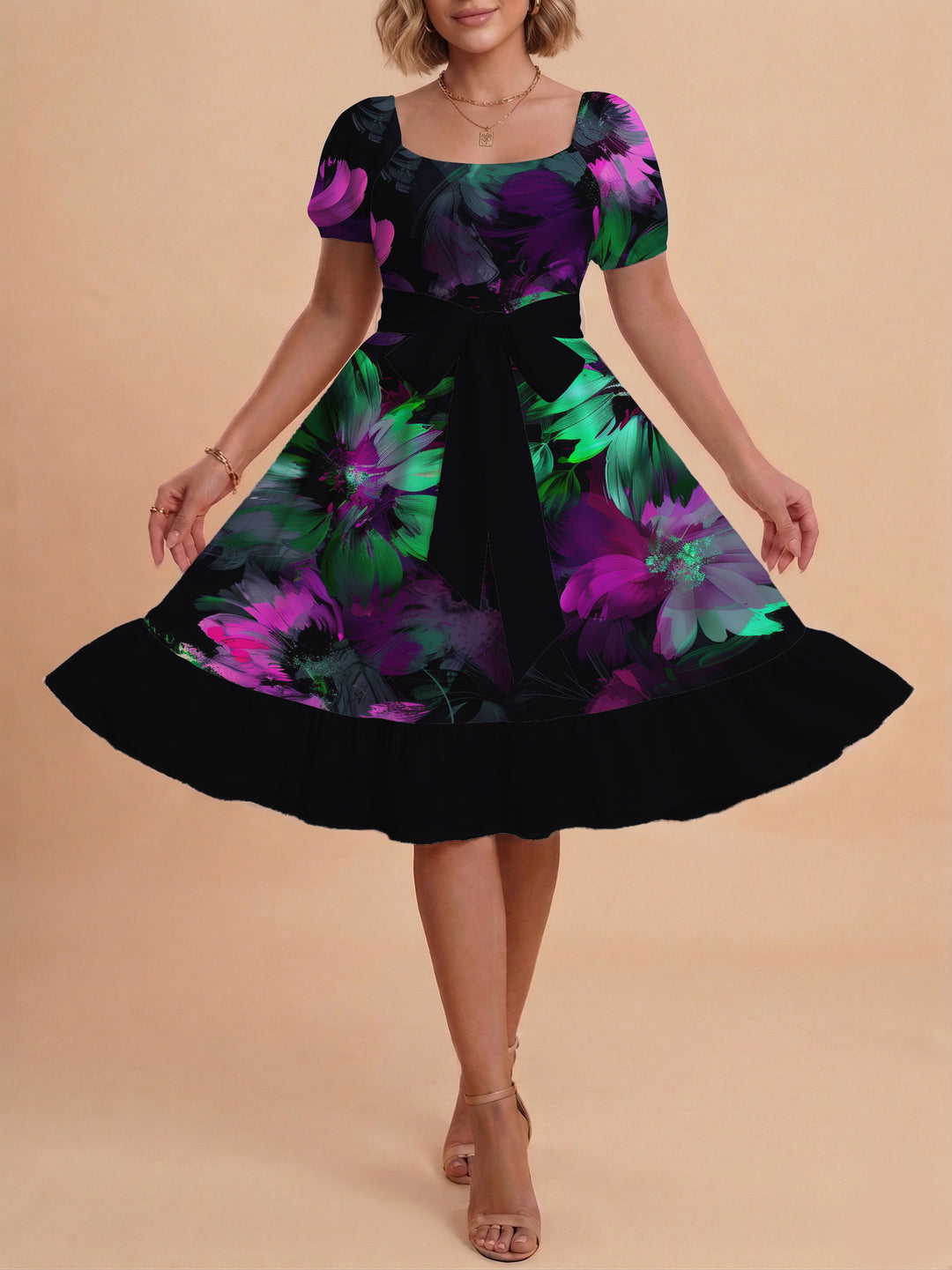 Damen Sommerkleid mit floralem Puffärmel und taillierbarem Gürtel Skjora