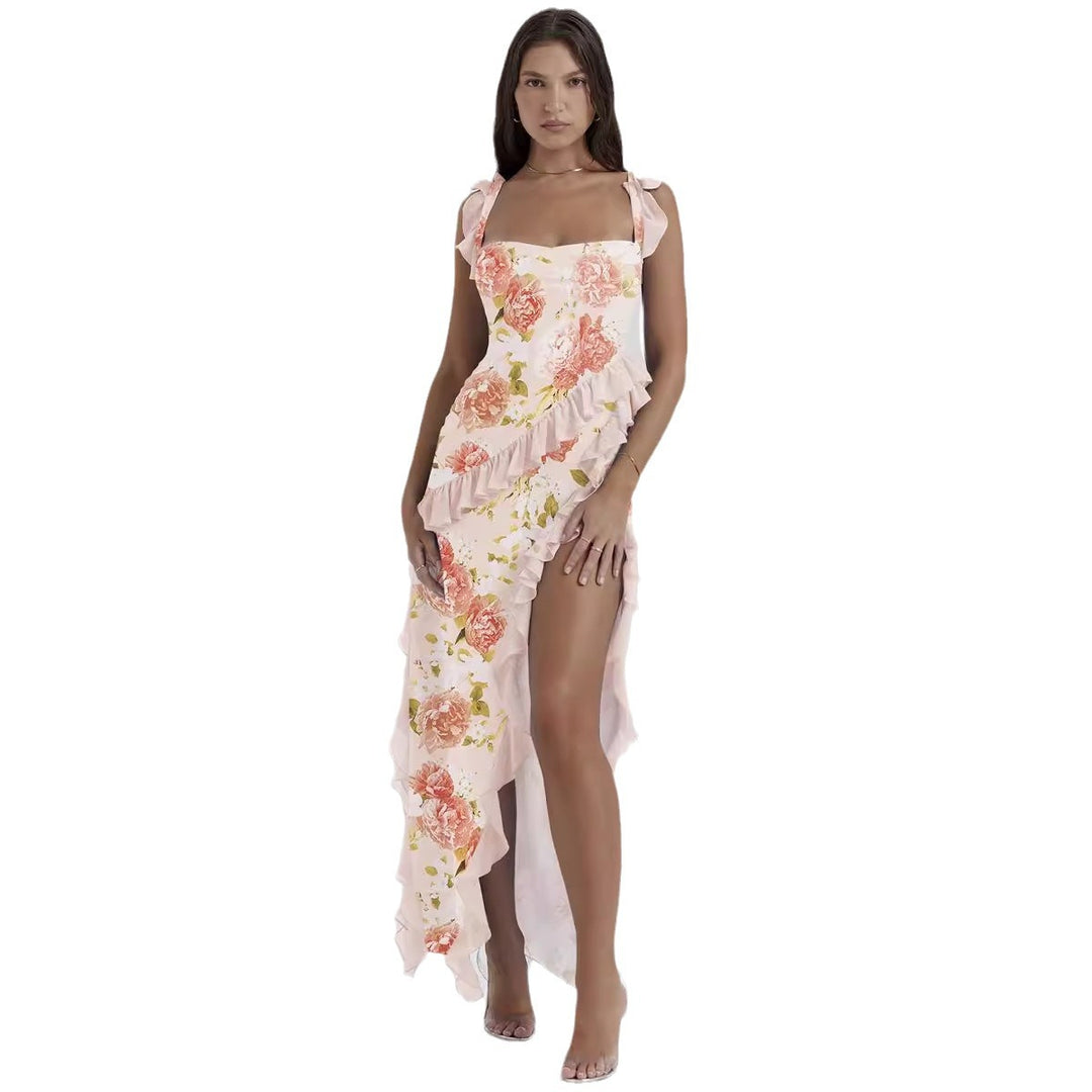 Kvinne Maxi Kjole med Volanger og Blomsterdesign