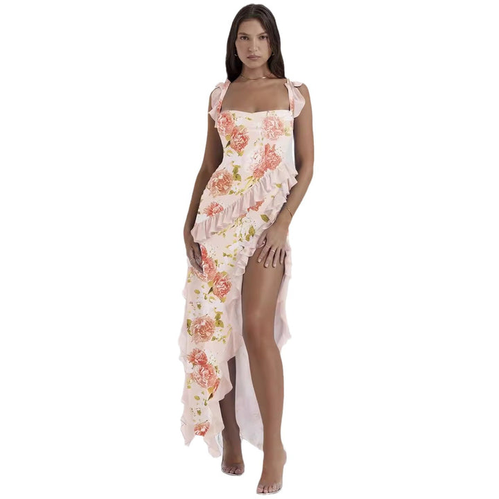 Kvinne Maxi Kjole med Volanger og Blomsterdesign