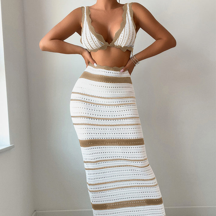 Damen Häkel-Crop-Top und Maxirock Set Skjora