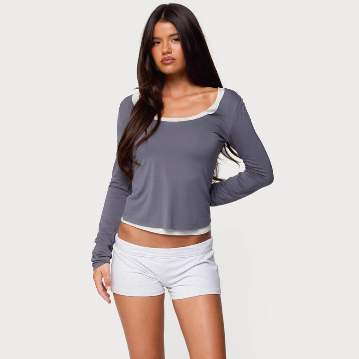 Dame Lounge Set med langermet topp og korte shorts Skjora