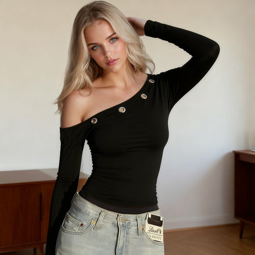 Dame Off-Shoulder topp med dekorative øyer Skjora