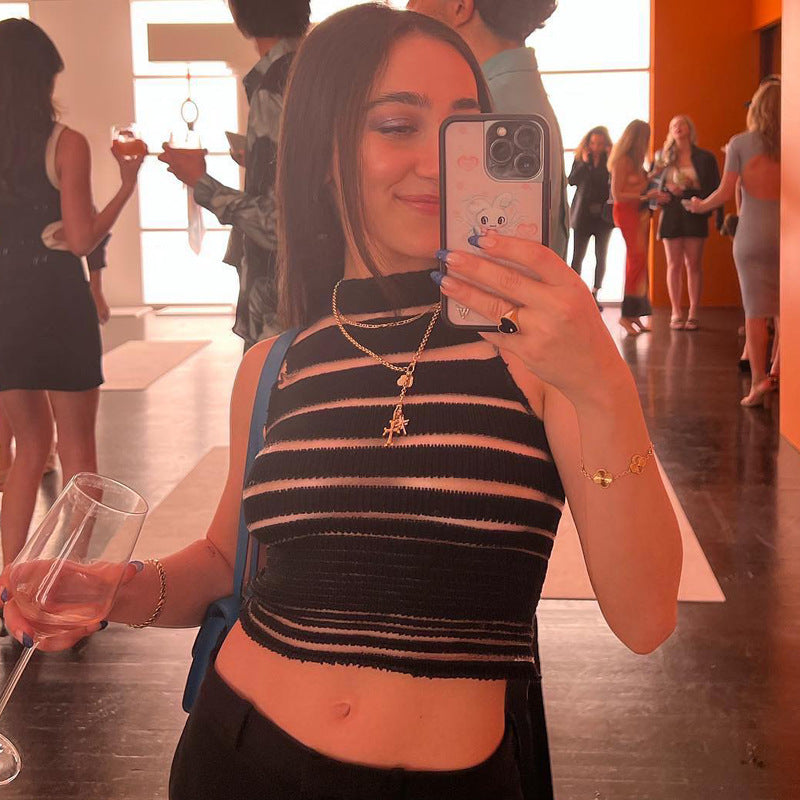 Dame Crop-Top med gjennomsiktig hullmønsterstruktur Skjora
