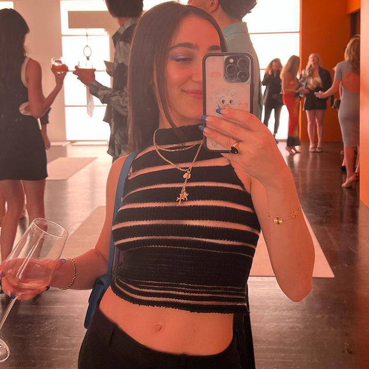 Dame Crop-Top med gjennomsiktig hullmønsterstruktur Skjora