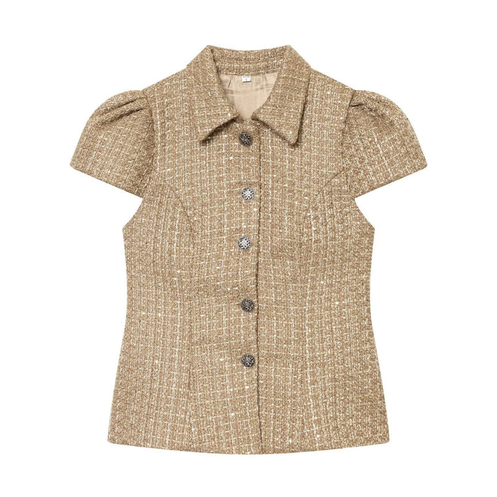 Dame elegant bluse med strukturert stoff og dekorative knapper Skjora