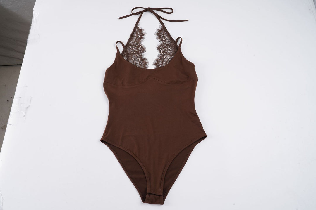 Dame badedrakt med elegant blonderdetalj og halterneck-design Skjora